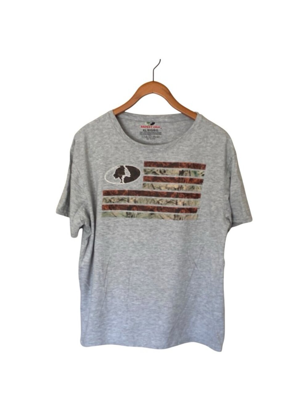 Mossy Oak Women's XL Gray Camo Flag Logo T-Shirt 100% Cotton Short Sleeve